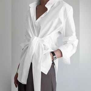 Commense Semi-Sheer Button Down Tied Long Shirt